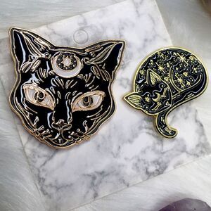 Crescent Moon Galaxy Black Cat Enameled Brooch Set